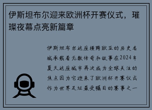 伊斯坦布尔迎来欧洲杯开赛仪式,璀璨夜幕点亮新篇章